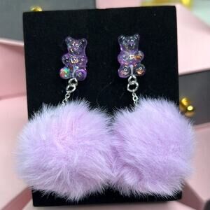 Cute Purple Gummy Bear Pom Pom Earrings New